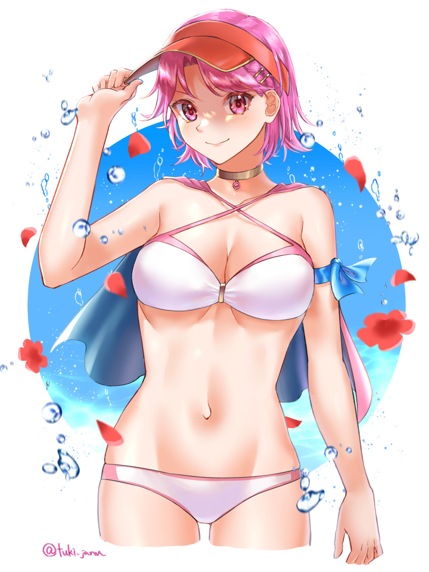 absurdres alternate_costume arm_up bikini breasts capelet choker cleavage commentary female fire_emblem fire_emblem:_the_binding_blade gwendolyn_(fire_emblem) highres looking_at_viewer medium_breasts pink_eyes pink_hair red_headwear short_hair smile swimsuit tsukimura_(d24f4z8j3t) visor_cap white_bikini