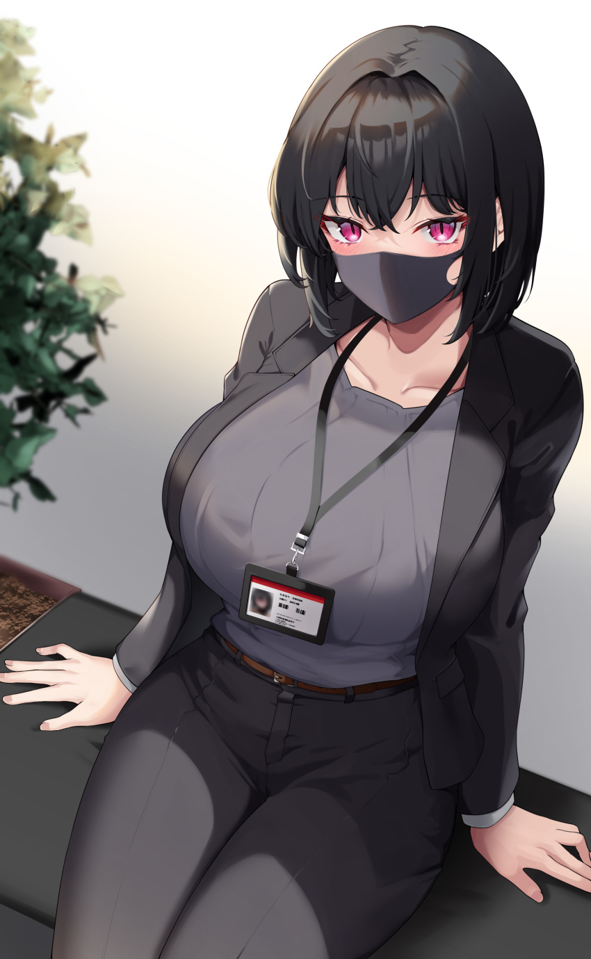 absurdres arms_at_sides belt belt_buckle black_hair black_jacket black_pants blazer blue_shirt blush breasts brown_belt buckle commentary_request covered_mouth female hair_intakes highres huge_breasts id_card indoors jacket lanyard legs_together long_sleeves looking_at_viewer masaki_nanaya mask mouth_mask office_lady open_clothes open_jacket original pants pink_eyes plant shirt shirt_tucked_in short_hair sitting solo