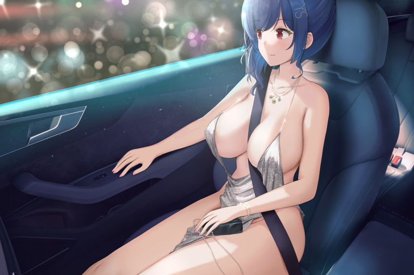 azur_lane bag bare_shoulders between_breasts blue_hair breasts car_interior collarbone commentary_request dress evening_gown female hair_ornament hairclip handbag highres jewelry joko_jmc large_breasts lens_flare necklace official_alternate_costume pelvic_curtain pink_nails red_eyes revealing_clothes seatbelt sideboob silver_dress sitting solo st._louis_(azur_lane) st._louis_(luxurious_wheels)_(azur_lane) thighs