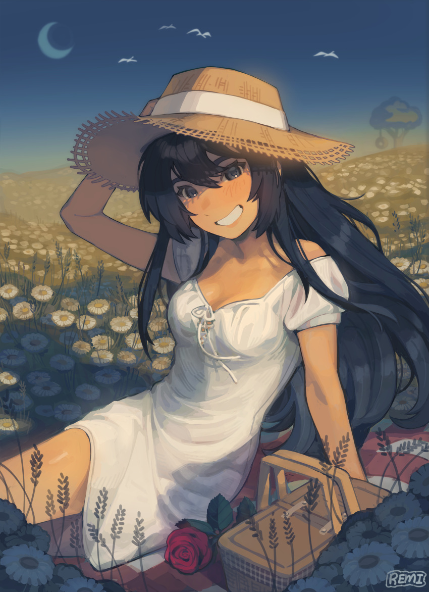 absurdres arm_behind_head arm_support arm_up artist_name black_eyes black_hair blanket blush breasts checkered_blanket crescent_moon day dress female flower grin hat highres long_hair looking_at_viewer mari_(faraway)_(omori) mari_(omori) medium_breasts moon omori outdoors picnic_basket red_flower red_rose remi_(mozzaremi) rose sitting smile solo sun_hat teeth tire_swing tree white_dress white_flower