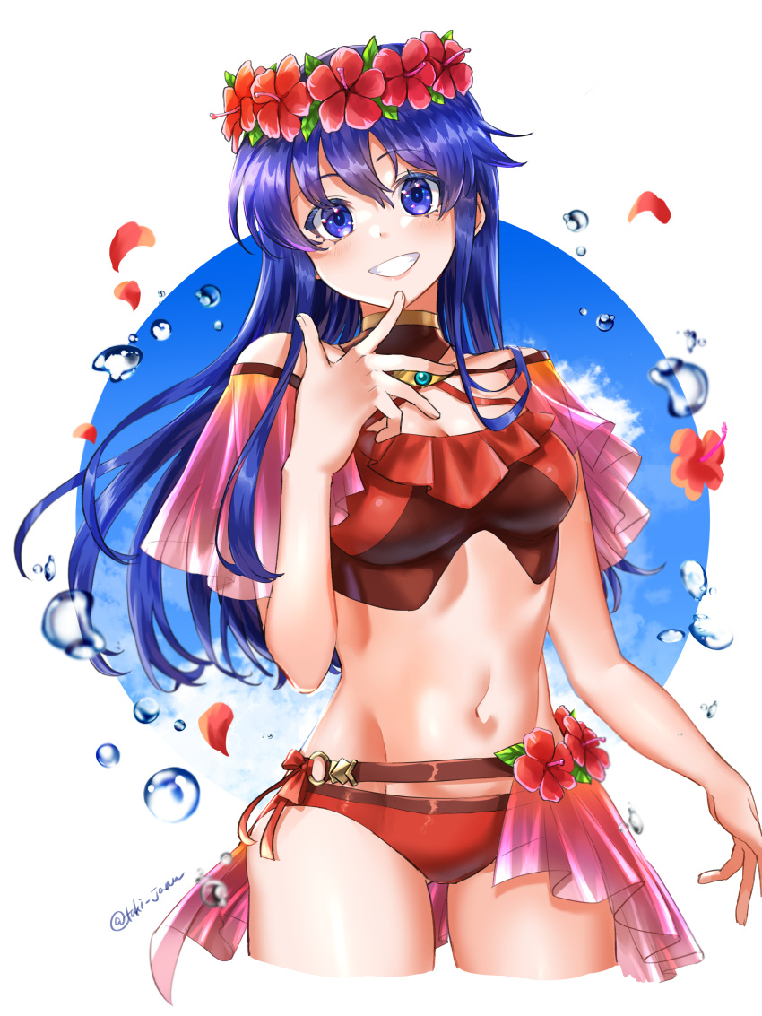 absurdres ass_visible_through_thighs bikini blue_eyes blue_hair breasts cleavage cloud commentary cropped_legs female fire_emblem fire_emblem:_the_binding_blade fire_emblem_heroes flower flower_wreath grin hair_flower hair_ornament highres lilina_(fire_emblem) lilina_(summer)_(fire_emblem) long_hair looking_at_viewer medium_breasts official_alternate_costume red_bikini smile swimsuit teeth tsukimura_(d24f4z8j3t)