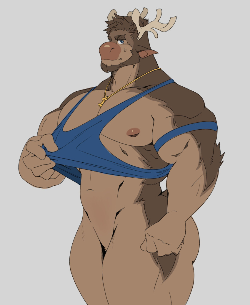 1boy absurdres animal_ears antlers bara bare_pectorals beard blue_eyes blue_tank_top blush bottomless brown_fur brown_hair cheschirebacon clenched_hand clothes_pull cowboy_shot facial_hair from_side full_beard fur_censor furry furry_male furry_ralph highres horns huge_pectorals legs_together looking_at_viewer looking_to_the_side male_focus mature_male moose_antlers moose_boy moose_ears muscular muscular_male navel necklace_between_pecs nervous nipples original pectorals ralph_(cheschirebacon) sanpaku shirt_pull short_hair sideburns snout solo tank_top thick_eyebrows thick_thighs thighs v-taper