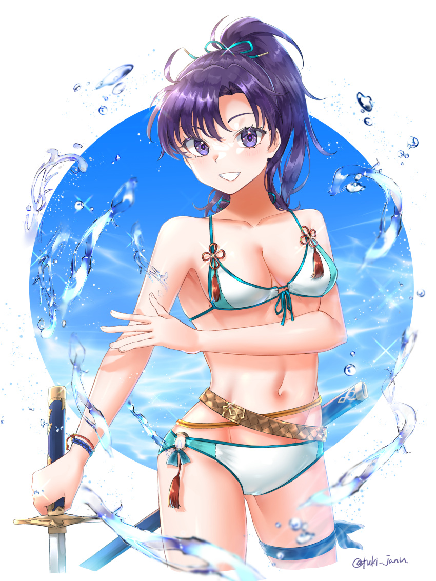 absurdres alternate_costume bikini breasts cleavage female fir_(fire_emblem) fire_emblem fire_emblem:_the_binding_blade grin highres holding holding_sword holding_weapon looking_at_viewer medium_breasts ponytail purple_hair sideboob smile solo swimsuit sword teeth tsukimura_(d24f4z8j3t) water weapon white_bikini