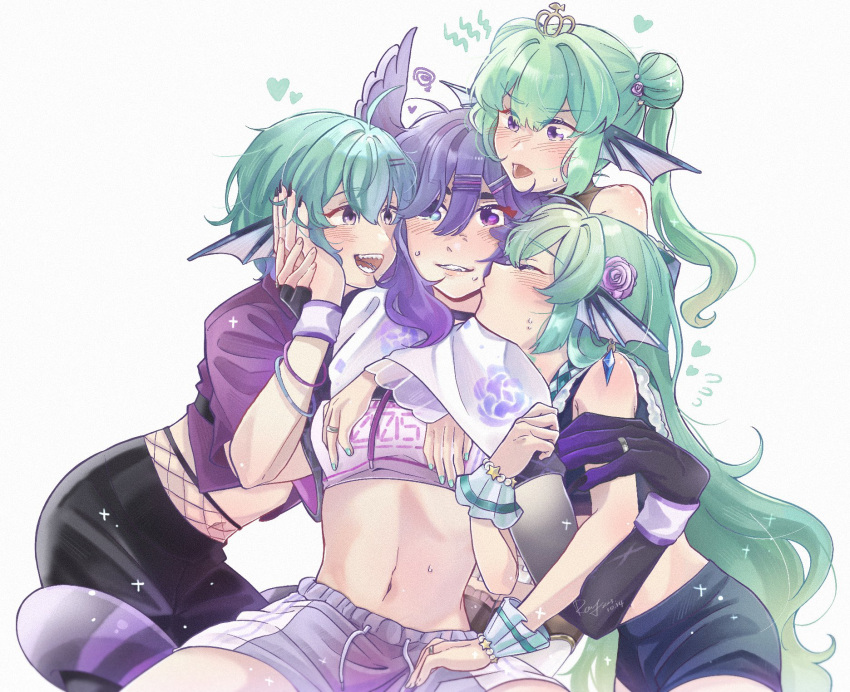 4girls blue_eyes bracelet clone_harem finana_ryugu finana_ryugu_(1st_costume) finana_ryugu_(2nd_costume) finana_ryugu_(3rd_costume) fingerless_gloves fins flying_sweatdrops gloves green_hair head_fins head_wings heart heterochromia highres jewelry long_hair midriff multiple_girls multiple_persona navel nijisanji nijisanji_en open_mouth purple_eyes purple_hair ring scar selen_tatsuki sharp_teeth short_hair shorts simple_background tail tail_wrap teeth tongue twintails virtual_youtuber white_background wings yoyoray20001996 yuri