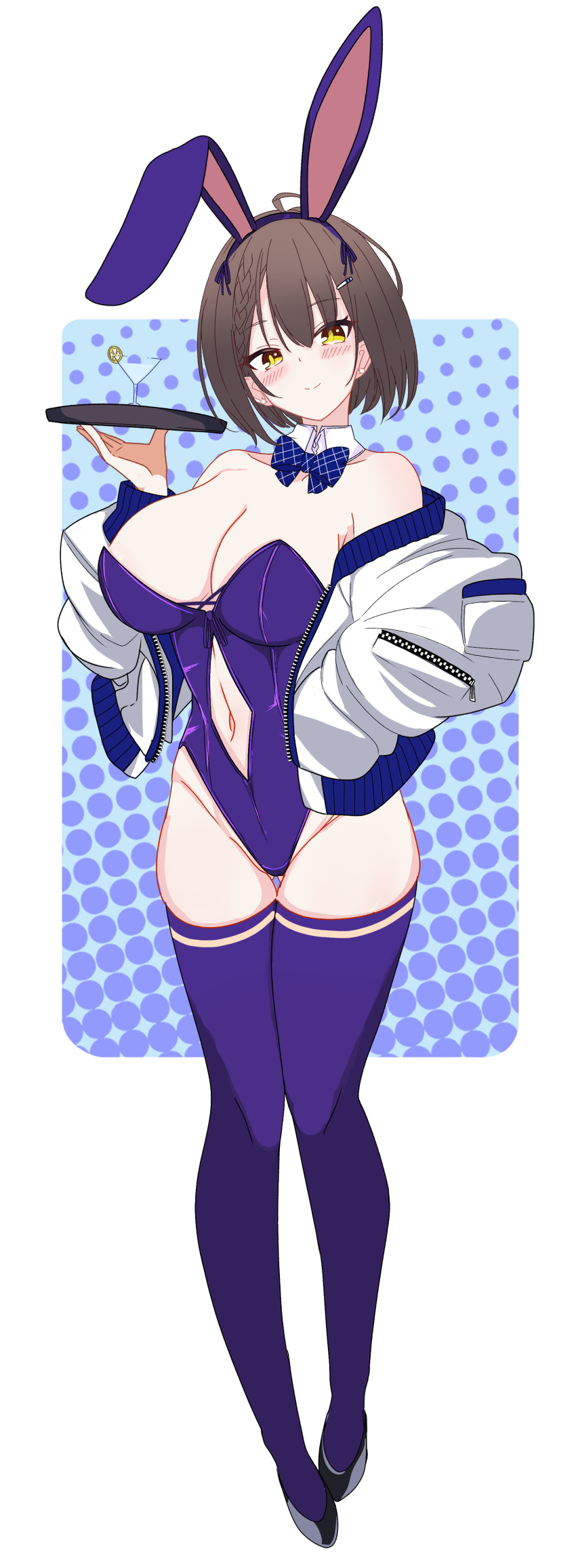 absurdres ahoge animal_ears ass_visible_through_thighs azur_lane baltimore_(azur_lane) bare_shoulders black_footwear blue_bow blue_bowtie blue_leotard blue_thighhighs blush bow bowtie braid breasts brown_hair cleavage clothing_cutout collarbone commentary_request cup detached_collar drinking_glass earrings fake_animal_ears female french_braid full_body groin hair_between_eyes hair_ornament hairclip hand_in_pocket hand_up head_tilt high_heels highleg highleg_leotard highres holding holding_tray jacket jewelry large_breasts leotard londom_(lonhomewell) long_sleeves looking_at_viewer navel navel_cutout off_shoulder open_clothes open_jacket partial_commentary plaid plaid_bow plaid_bowtie playboy_bunny rabbit_ears short_hair sidelocks skindentation smile solo standing strapless strapless_leotard stud_earrings thighhighs tray white_jacket yellow_eyes