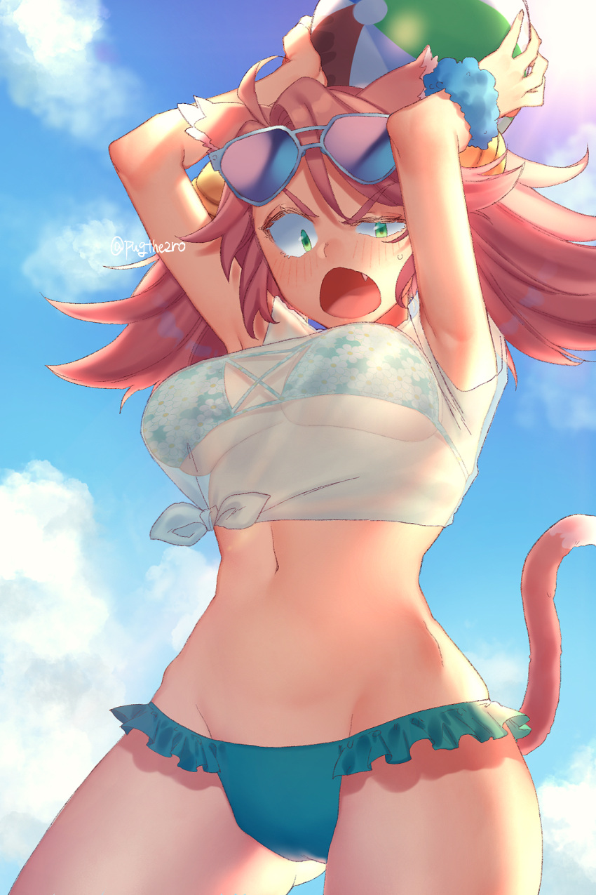 animal_ears arms_up bad_id bad_pixiv_id ball beachball bell bikini bikini_under_clothes blue_sky blush breasts cat_ears cat_girl cat_tail cloud commentary_request cowboy_shot cross-laced_bikini cross-laced_clothes eyewear_on_head female floral_print floral_print_bikini frilled_bikini frills hair_bell hair_ornament highres holding holding_ball holding_beachball mad_mew_mew medium_hair navel oerba_yun_fang open_mouth outdoors pink_hair print_bikini pugthe2ro scrunchie see-through see-through_shirt shirt sky solo sunglasses swimsuit tail tied_shirt twitter_username undertale wrist_scrunchie