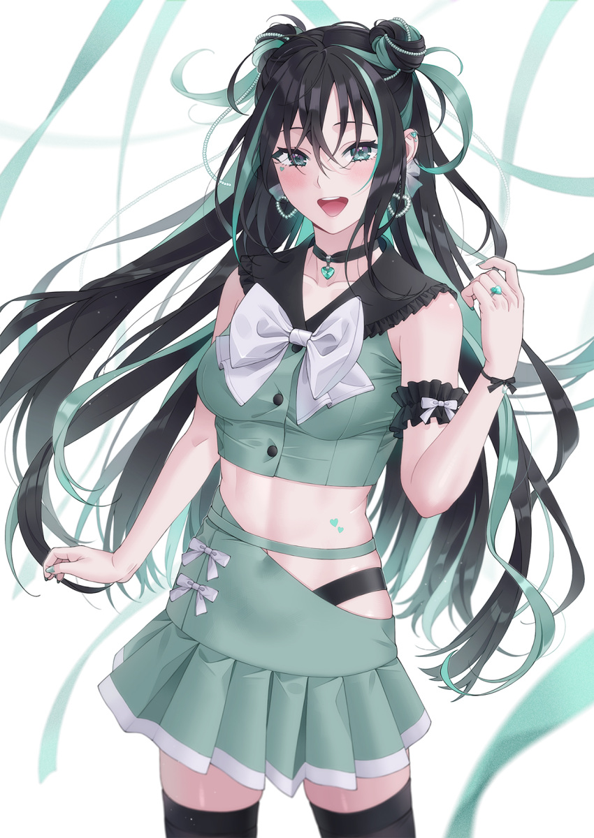 arm_cuffs black_hair black_sailor_collar black_thighhighs blush bracelet breasts choker collarbone commentary cowboy_shot double_bun earrings female gem green_eyes green_hair green_nails green_shirt green_skirt hair_bun heart heart_tattoo highres jewelry large_breasts long_hair looking_at_viewer multicolored_hair navel open_mouth original pleated_skirt ribbon ring sailor_collar shirt simple_background skirt sleeveless sleeveless_shirt smile solo symbol-only_commentary tattoo teeth thighhighs two-tone_hair unjem upper_teeth_only very_long_hair white_background