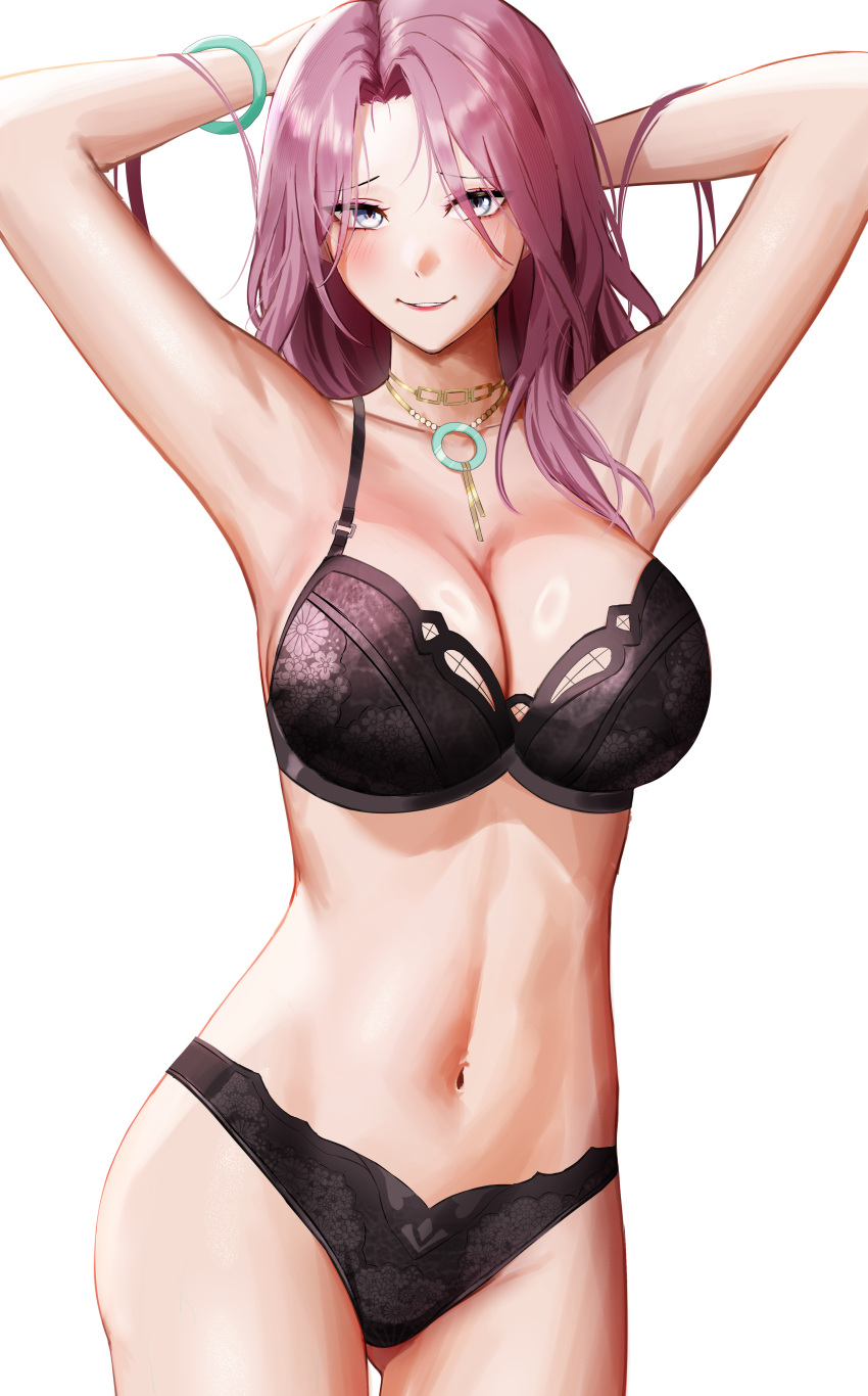 absurdres anoreika_tomoe armpits arms_up bare_shoulders black_bra black_panties blue_eyes bra bracelet breasts cleavage cowboy_shot female grin highres honkai:_star_rail honkai_(series) jade_(honkai:_star_rail) jewelry large_breasts long_hair looking_at_viewer navel necklace panties purple_hair smile solo standing stomach underwear underwear_only