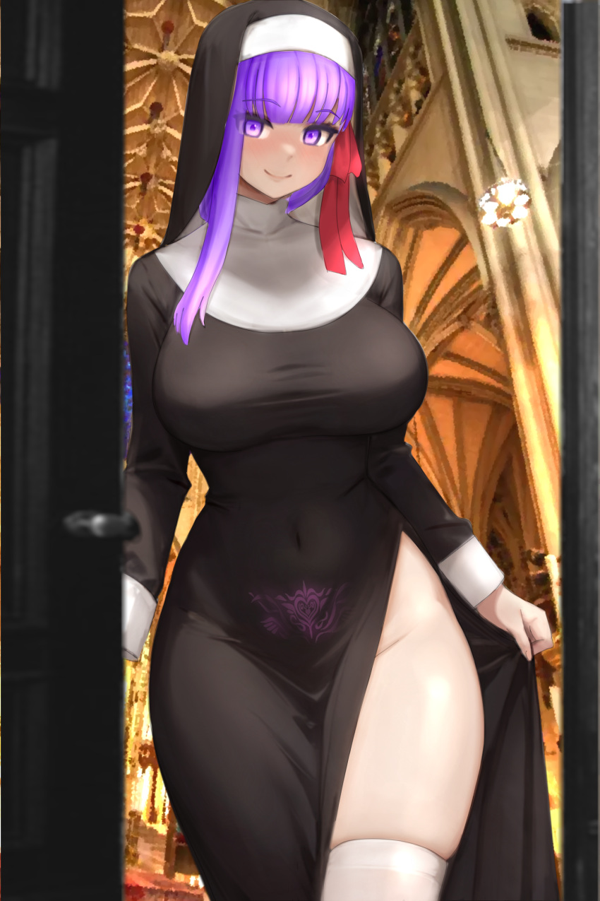 bb_(fate) bb_(fate/extra) black_dress blush breasts covered_navel door dress fate/grand_order fate_(series) female glowing_tattoo habit hair_ribbon highres large_breasts long_hair long_sleeves looking_at_viewer no_panties nun open_door pubic_tattoo purple_eyes purple_hair raskasar red_ribbon ribbon side_slit smile solo tattoo taut_clothes taut_dress thighhighs thighs very_long_hair white_thighhighs