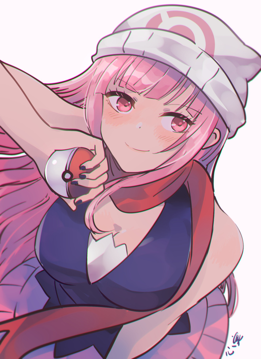 beanie black_nails breasts cleavage closed_mouth cosplay dawn_(pokemon) dawn_(pokemon)_(cosplay) female hat highres holding holding_poke_ball hololive hololive_english kokomi_(aniesuakkaman) long_hair mori_calliope nail_polish pink_eyes pink_hair poke_ball pokemon pokemon_bdsp virtual_youtuber