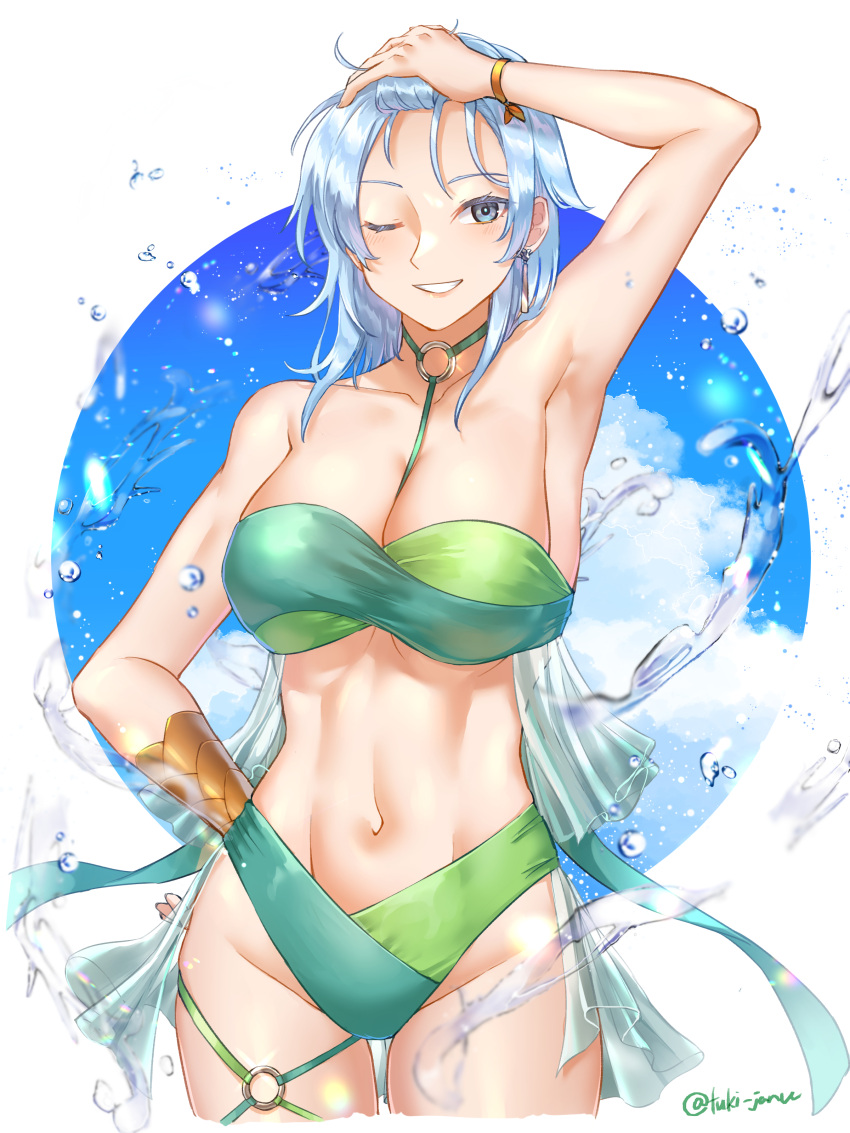 absurdres alternate_costume arm_up armpits bikini blue_eyes blue_hair breasts cleavage cloud commentary earrings echidna_(fire_emblem) female fire_emblem fire_emblem:_the_binding_blade green_bikini hand_on_own_head hand_on_own_hip highres jewelry large_breasts looking_at_viewer navel one_eye_closed smile strapless strapless_bikini swimsuit tsukimura_(d24f4z8j3t)