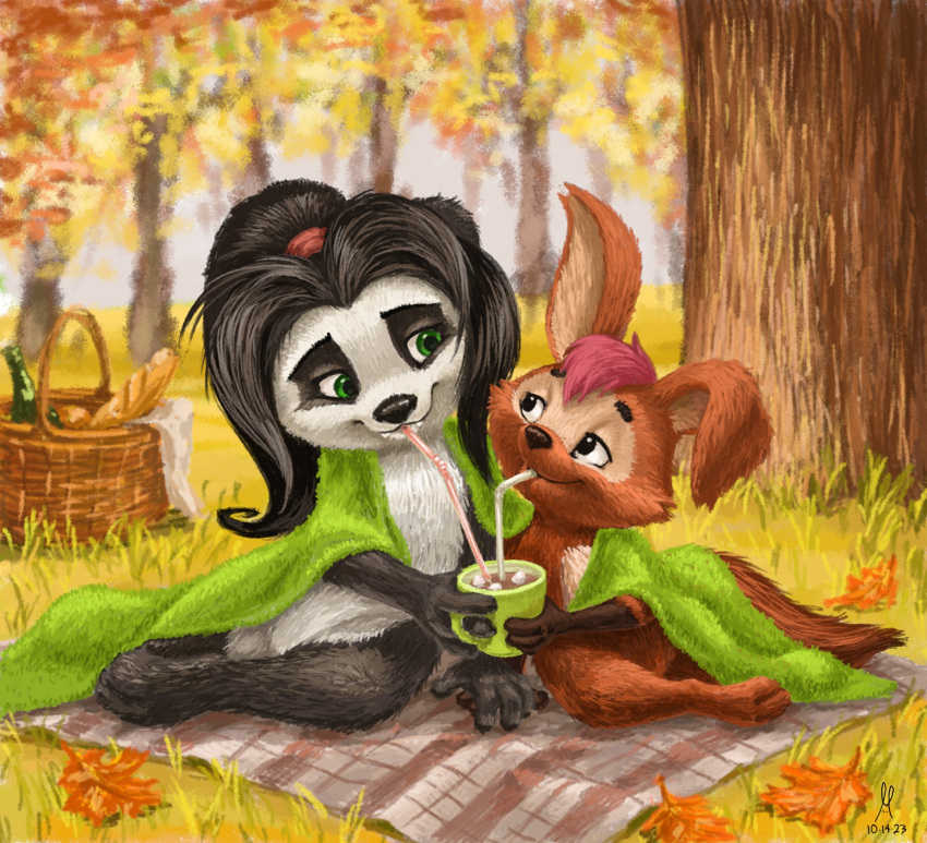 anthro autumn basket bear bedding beverage blanket blizzard_entertainment candy carpet chocolate container cup dessert drinking drinking_straw drinking_straw_in_mouth duo female feral food forest giant_panda hareluca hi_res hot_chocolate hybrid li_li_stormstout mammal marshmallow pandaren picnic_basket plant rug tama-tama tree warcraft