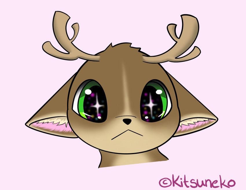 absurd_res ambiguous_gender antlers artist_name brown_body brown_fur countershading deer feral fur green_eyes headshot_portrait hi_res horn inner_ear_fluff kitsuneko looking_at_viewer mammal pink_background portrait simple_background sparkles sparkling_eyes star_pupils tuft wawazx