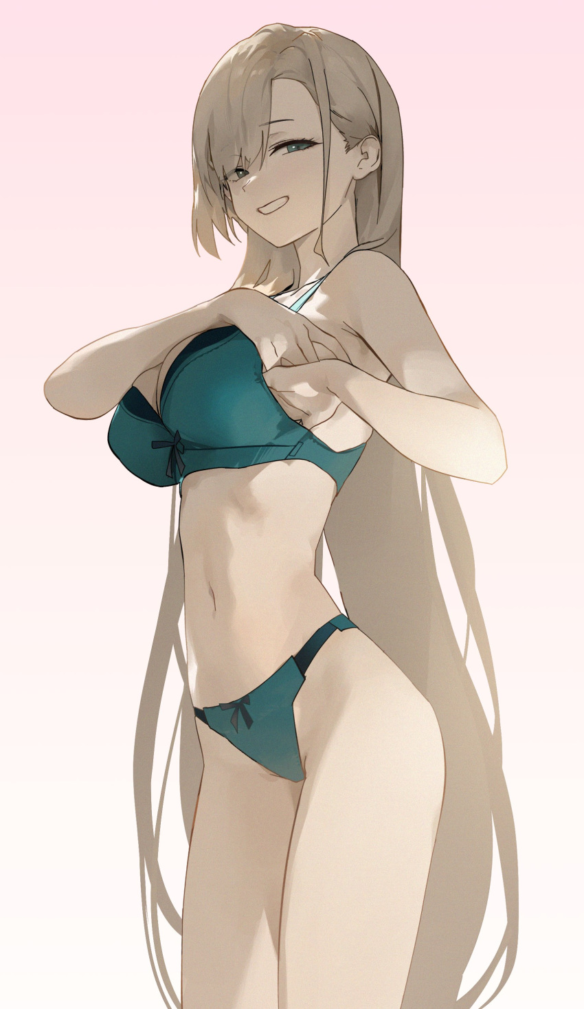 absurdres adjusting_bra adjusting_clothes alternate_costume asuna_(blue_archive) asymmetrical_bangs blue_archive blue_eyes bra breasts dokshuri female hair_over_one_eye hand_in_bra highres light_brown_hair lingerie long_hair mole mole_on_breast navel panties smile solo stomach underwear very_long_hair