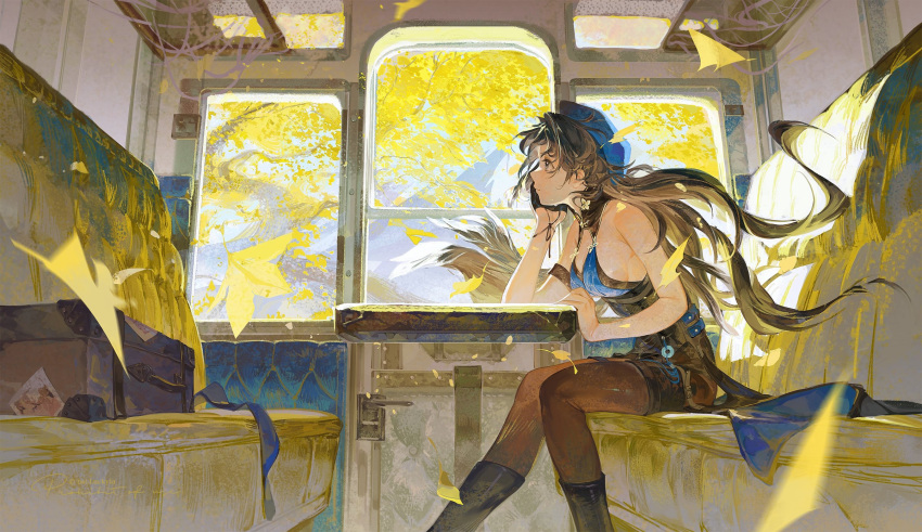 arm_strap armband bare_shoulders black_armband black_pantyhose blue_headwear booth_seating breasts falling_leaves female gloves grey_eyes half_gloves hand_on_own_cheek hand_on_own_face highres large_breasts leaf long_hair luckyia pantyhose sideboob single_half_glove sitting solo suitcase table train train_interior window wuthering_waves yangyang_(wuthering_waves) yellow_theme