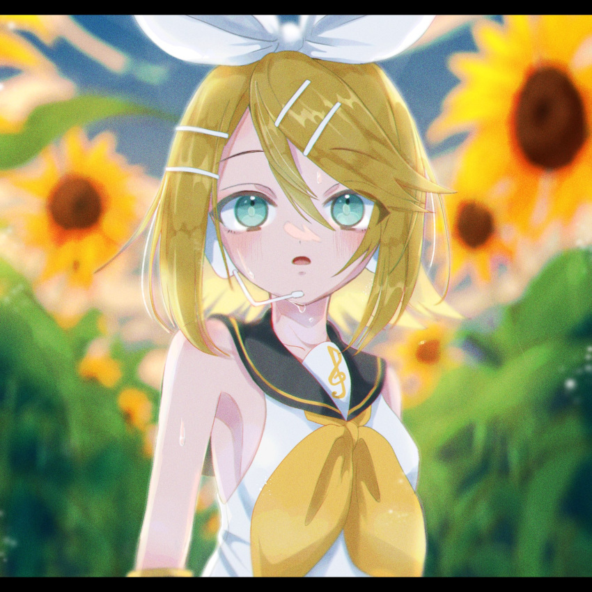 aqua_eyes armpits bare_shoulders black_sailor_collar blonde_hair blurry blurry_background bow breasts commentary_request depth_of_field detached_sleeves female field flower flower_field hair_between_eyes hair_ornament hairbow hairclip headphones headset highres kagamine_rin light_blush looking_at_viewer looking_up medium_hair neckerchief nnc225 open_mouth pale_skin sailor_collar sailor_shirt shirt sideboob skinny sleeveless sleeveless_shirt small_breasts solo sunflower sunflower_field swept_bangs treble_clef upper_body vocaloid wet wet_clothes wet_hair white_bow yellow_neckerchief