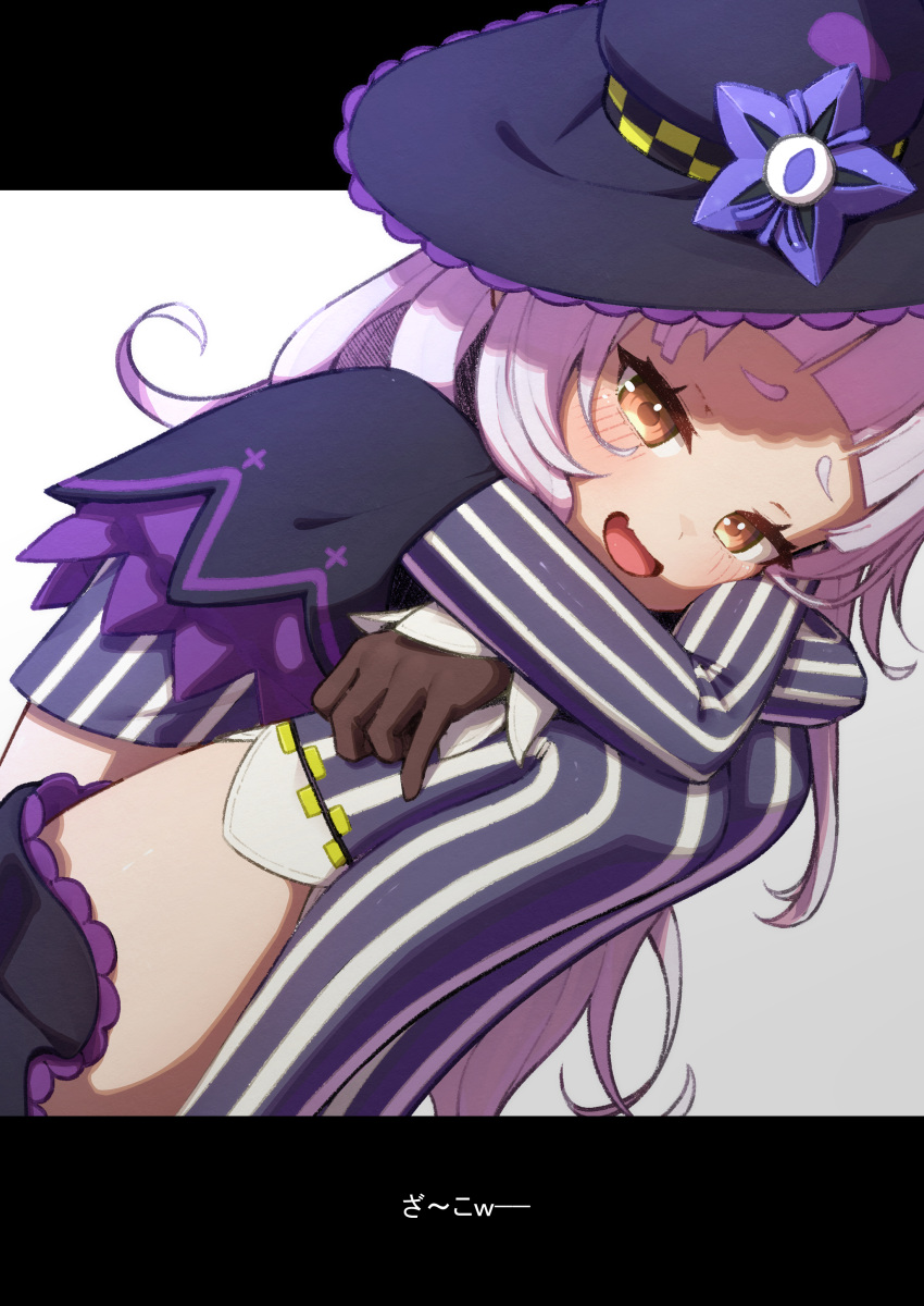 absurdres black_gloves blunt_bangs blush capelet cropped_shirt female gloves grey_hair grey_shirt hat head_rest highres hololive letterboxed long_hair looking_at_viewer lunch_boxer miniskirt murasaki_shion murasaki_shion_(1st_costume) oerba_yun_fang purple_capelet purple_headwear purple_skirt shirt short_eyebrows skin_fang skirt smile striped_clothes striped_shirt striped_thighhighs thighhighs vertical-striped_clothes vertical-striped_shirt vertical-striped_sleeves vertical-striped_thighhighs virtual_youtuber witch_hat yellow_eyes