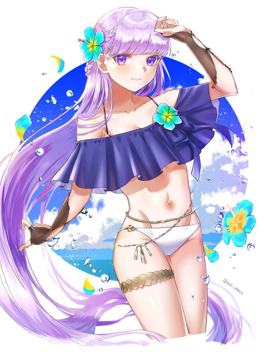 alternate_costume arm_up bikini blue_bikini breasts cleavage cloud female fire_emblem fire_emblem:_the_binding_blade flower frilled_bikini frills hair_flower hair_ornament hand_on_own_head highres long_hair looking_at_viewer medium_breasts navel purple_eyes purple_hair smile solo sophia_(fire_emblem) swimsuit thigh_strap tsukimura_(d24f4z8j3t) very_long_hair white_bikini