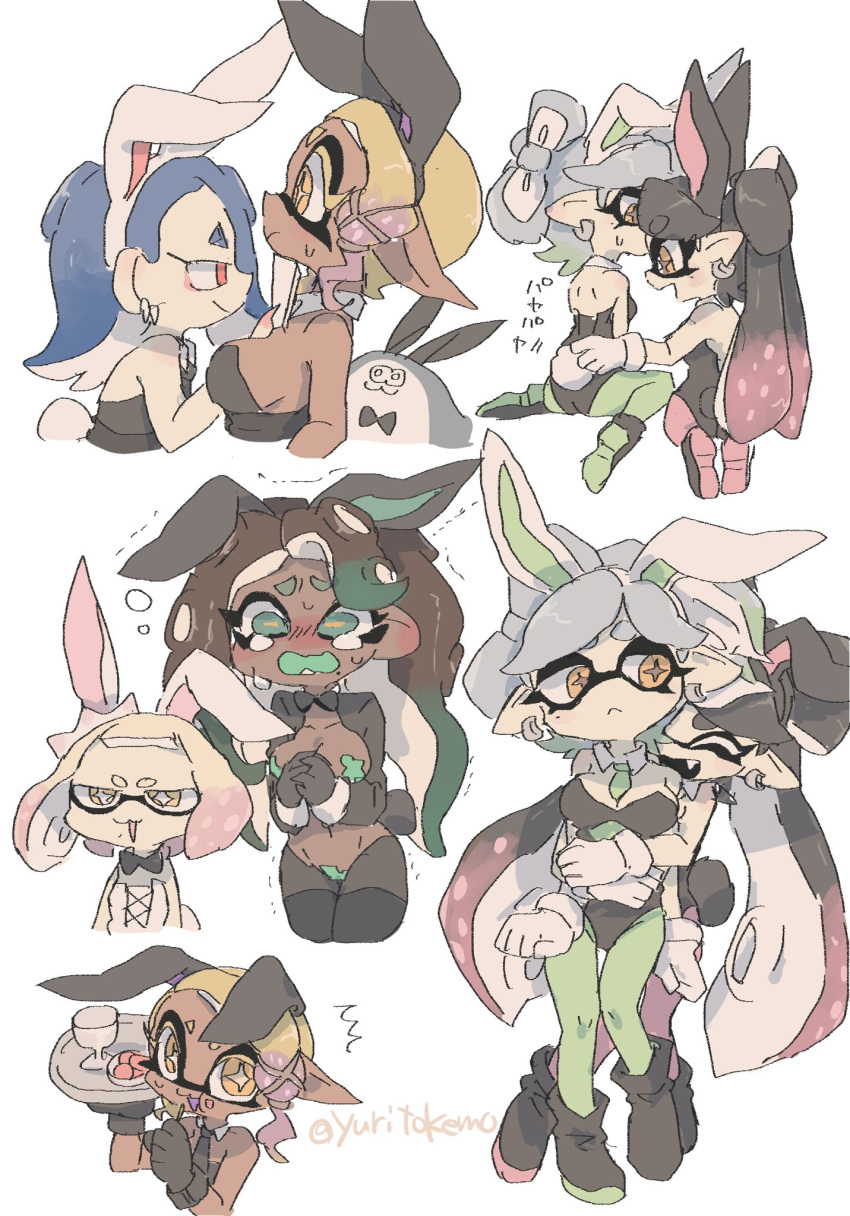 1boy 6+girls alternate_costume animal_ears artist_name big_man_(splatoon) black_footwear black_hair black_leotard blonde_hair blue_hair breasts brown_hair callie_(splatoon) closed_eyes closed_mouth colored_shoe_soles colored_tongue cousins crying crying_with_eyes_open cup dark_skin detached_collar drinking_glass fake_animal_ears fake_tail flat_chest frye_(splatoon) gradient_hair green_eyes green_hair green_pantyhose green_pasties grey_hair highres holding holding_plate inkling large_breasts leotard male_playboy_bunny manta_ray marie_(splatoon) marina_(splatoon) medium_breasts meme_attire multicolored_hair multiple_girls octoling open_mouth pantyhose pearl_(splatoon) pink_hair pink_pantyhose plate playboy_bunny rabbit_ears rabbit_tail red_eyes reverse_bunnysuit reverse_outfit shiver_(splatoon) shrug_(clothing) simple_background splatoon_(series) strapless strapless_leotard tail tears tentacle_hair twitter_username very_dark_skin white_background white_leotard wine_glass wrist_cuffs yellow_eyes yuritokemo