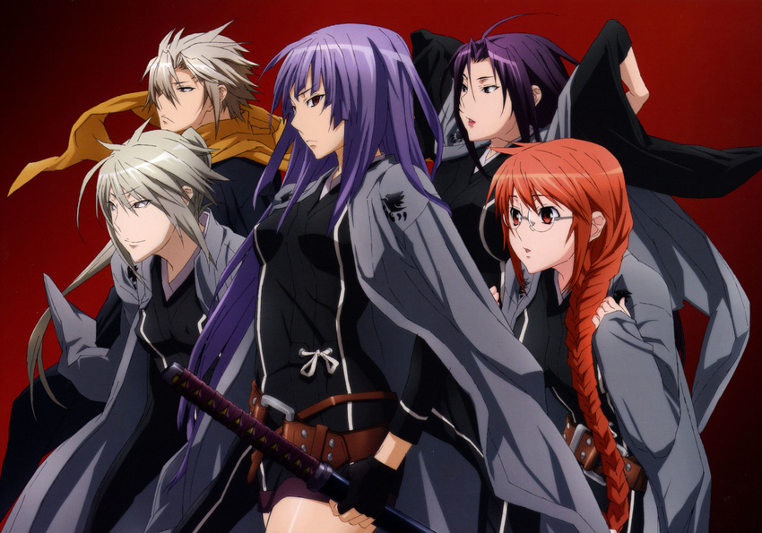 absurdres asama_miya female glasses gray_hair grey_hair highres karasuba katana kazehana matsu_(sekirei) mutsu_(sekirei) official_art purple_hair red_hair sekirei serious sword weapon weapons