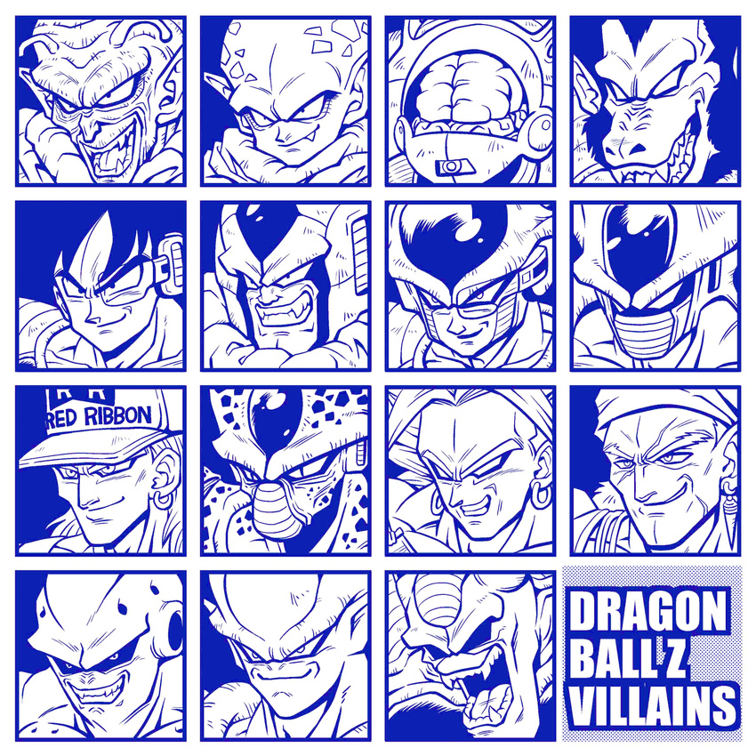 6+boys absurdres android_13 bojack brain broly_(dragon_ball_z) cell_(dragon_ball) commentary_request cooler_(dragon_ball) copyright_name dr._wheelo dragon_ball dragon_ball_(classic) dragon_ball_z earrings english_text fifth_form_(dragon_ball) frieza garlic_jr. grin hat highres hirudegarn imperfect_cell janemba jewelry legendary_super_saiyan majin_buu male_focus monochrome monster multiple_boys oerba_yun_fang oozaru open_mouth piccolo_daimaou red_ribbon_army scouter shinomiya_akino slit_pupils slug_(dragon_ball) smile super_buu super_saiyan teeth tullece vegeta