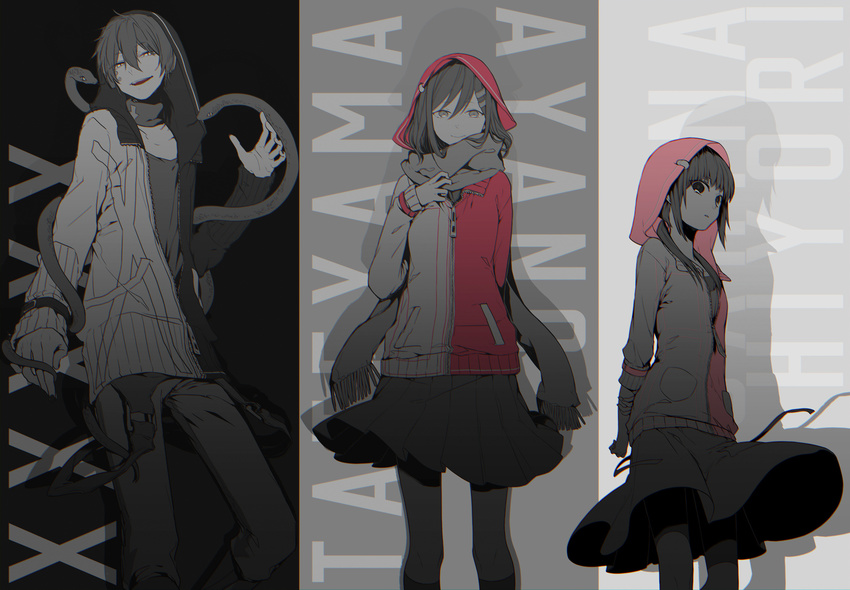 1boy 2girls asahina_hiyori bad_id bad_pixiv_id character_name closed_mouth column_lineup dark_konoha daze_(kagerou_project) evil_smile feet_out_of_frame hair_between_eyes hair_ornament hairclip hand_on_own_chest highres hood hood_up jacket kagerou_project kneehighs konoha_(kagerou_project) long_hair long_sleeves looking_at_viewer looking_to_the_side low_twintails monochrome multicolored_background multiple_girls neck_warmer norishio_(noconoxx) open_clothes open_jacket open_mouth pants partially_unzipped photoshop_(medium) pink_jacket pleated_skirt pocket red_jacket scarf shadow shirt skirt smile snake socks spot_color tateyama_ayano twintails zipper_pull_tab