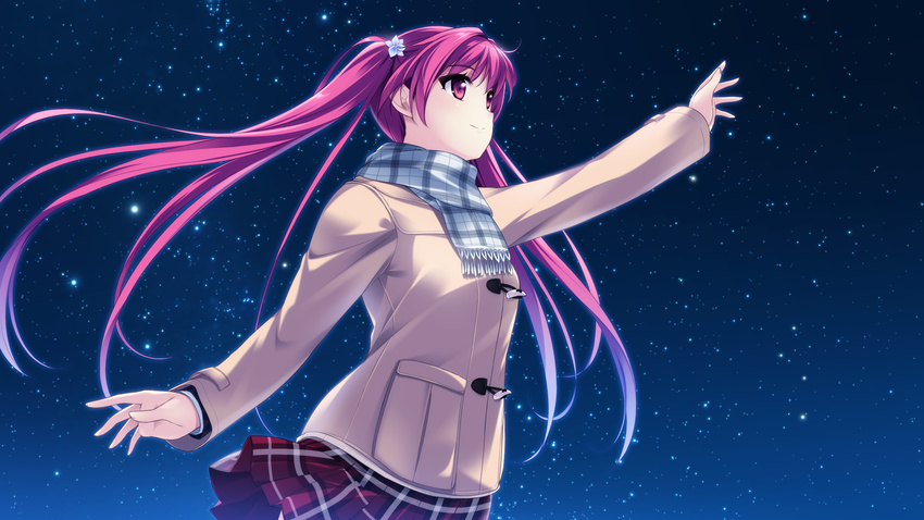 female game_cg highres houkiboshi_hikari jacket long_hair long_sleeves miagete_goran_yozora_no_hoshi_wo night night_sky outdoors outstretched_arm pink_hair pleated_skirt pulltop red_eyes scarf school_uniform skirt sky smile solo star_(sky) star_(symbol) starry_sky twintails very_long_hair wind wind_lift yashima_takahiro