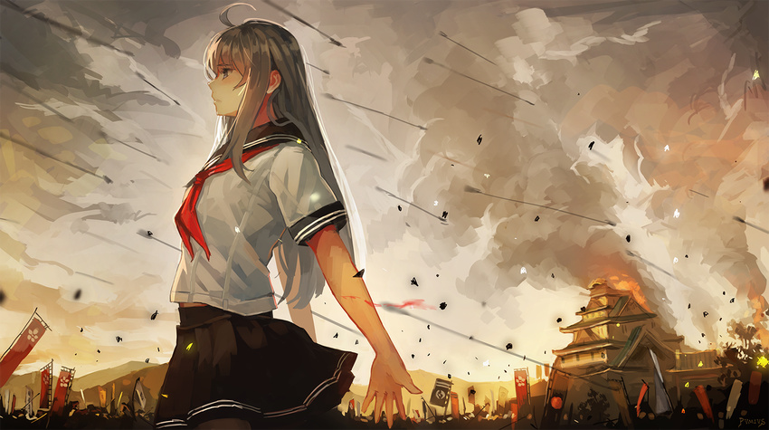 ahoge architecture arrow_(projectile) artist_name banner battle black_pantyhose black_skirt blood blouse castle cloud cloudy_sky commentary_request cuts east_asian_architecture female fire from_side grey_eyes grey_hair highres injury long_hair looking_afar midriff_peek neckerchief nobori original outdoors outstretched_arms pantyhose pleated_skirt pvmivs sailor_collar school_uniform serafuku serious shirt short_sleeves sidelocks skirt sky smoke solo war white_shirt