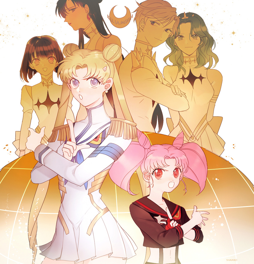 6+girls back-to-back bishoujo_senshi_sailor_moon blonde_hair chibi_usa closed_mouth commentary_request cone_hair_bun cosplay crossover double_bun earrings epaulettes gamagoori_ira gamagoori_ira_(cosplay) hair_bun highres jewelry junketsu kaiou_michiru kill_la_kill kiryuuin_satsuki kiryuuin_satsuki_(cosplay) looking_at_viewer matoi_ryuuko matoi_ryuuko_(cosplay) meiou_setsuna multiple_girls photoshop_(medium) pink_hair profile senketsu shamko short_hair smile standing ten'ou_haruka tomoe_hotaru tsukino_usagi twintails uniform very_short_hair