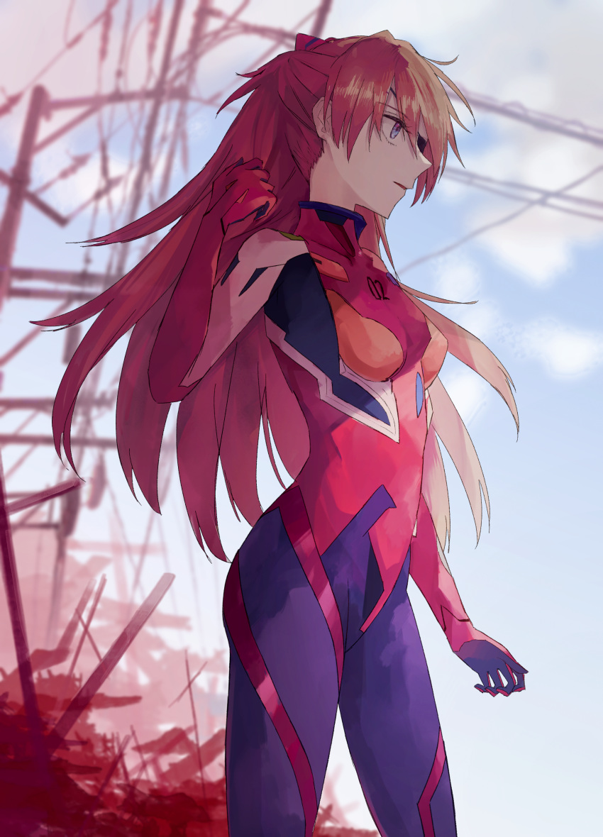 absurdres blue_eyes blurry blurry_background bodysuit breasts breasts_apart brown_hair commentary evangelion:_3.0_you_can_(not)_redo eyepatch female headgear highres interface_headset long_hair neon_genesis_evangelion plugsuit rebuild_of_evangelion red_bodysuit small_breasts solo souryuu_asuka_langley standing thkani very_long_hair