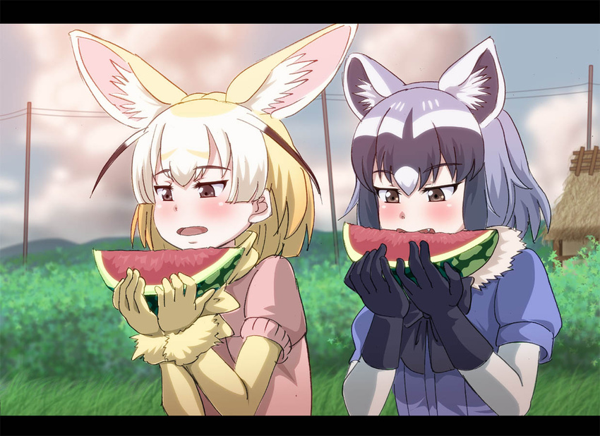 2girls animal_ear_fluff animal_ears black_gloves black_hair blonde_hair blush brown_eyes bush commentary_request common_raccoon_(kemono_friends) eating elbow_gloves extra_ears fennec_(kemono_friends) food fox_ears fruit gloves grass grey_hair heitai_gensui kemono_friends letterboxed multicolored_hair multiple_girls oerba_yun_fang open_mouth outdoors photoshop_(medium) power_lines puffy_short_sleeves puffy_sleeves raccoon_ears short_hair short_sleeves two-tone_hair upper_body watermelon white_hair yellow_gloves