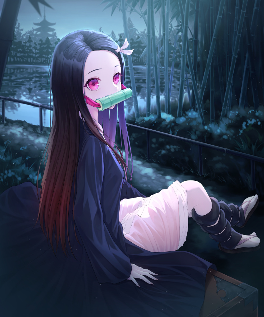 absurdres bad_id bad_pixiv_id bamboo bit_gag black_coat black_hair coat commentary female gag gagged gradient_hair highres kamado_nezuko kimetsu_no_yaiba lake long_hair long_sleeves multicolored_hair night outdoors pink_eyes pink_skirt red_hair skirt solo straight_hair symbol-only_commentary tabi very_long_hair white_legwear yuyo_(i_iuyo)