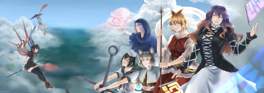 1boy 6+girls above_clouds anchor animal_ears animal_print anniversary arm_up asymmetrical_wings bishamonten's_pagoda bishamonten's_spear black_dress black_hair black_legwear blonde_hair blue_eyes blue_hair blue_skirt blue_sky blue_vest bow bowtie capelet cloud commentary crossed_legs day dress english_commentary euphori_cat flying geta gradient_hair green_eyes green_sailor_collar grey_hair grin hagoromo hat head_tilt heterochromia highres hijiri_byakuren holding holding_polearm holding_weapon hood hoop houjuu_nue jewelry juliet_sleeves karakasa_obake kumoi_ichirin layered_dress long_hair long_sleeves looking_at_viewer looking_to_the_side mouse_ears multicolored_hair multiple_girls murasa_minamitsu nazrin neckerchief orange_eyes outdoors parted_lips pendant polearm puffy_sleeves red_bow red_bowtie red_eyes red_footwear sailor_collar sailor_hat shawl shirt short_hair short_sleeves shorts sitting sitting_on_object skirt skirt_set sky smile snake sorcerer's_sutra_scroll spear streaked_hair tatara_kogasa thighhighs tiger_print toramaru_shou touhou trident twitter_username ufo umbrella undefined_fantastic_object unzan very_long_hair vest weapon white_shirt white_shorts wings yellow_eyes