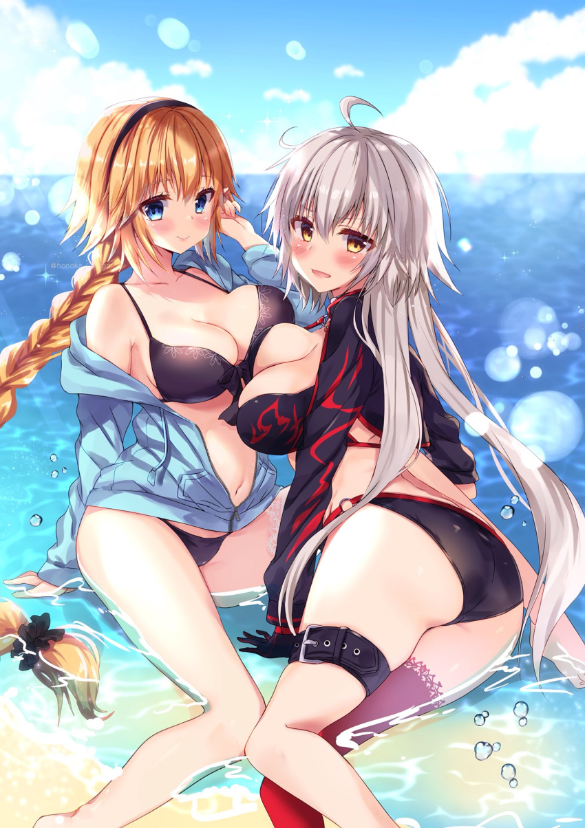 2girls ahoge ass bad_id bad_twitter_id belt bikini black_bikini blonde_hair blue_eyes blush braid braided_ponytail breast_press breasts cleavage cloud commentary_request day fate/grand_order fate_(series) hairband highres honoka_chiffon jacket jeanne_d'arc_(fate) jeanne_d'arc_(swimsuit_archer)_(fate) jeanne_d'arc_(swimsuit_archer)_(first_ascension)_(fate) jeanne_d'arc_alter_(fate) jeanne_d'arc_alter_(swimsuit_berserker)_(fate) large_breasts long_hair multiple_girls o-ring o-ring_bottom open_mouth outdoors parted_lips partially_submerged single_braid single_thighhigh sky smile swimsuit symmetrical_docking thighhighs thighs very_long_hair water white_hair yellow_eyes zipper