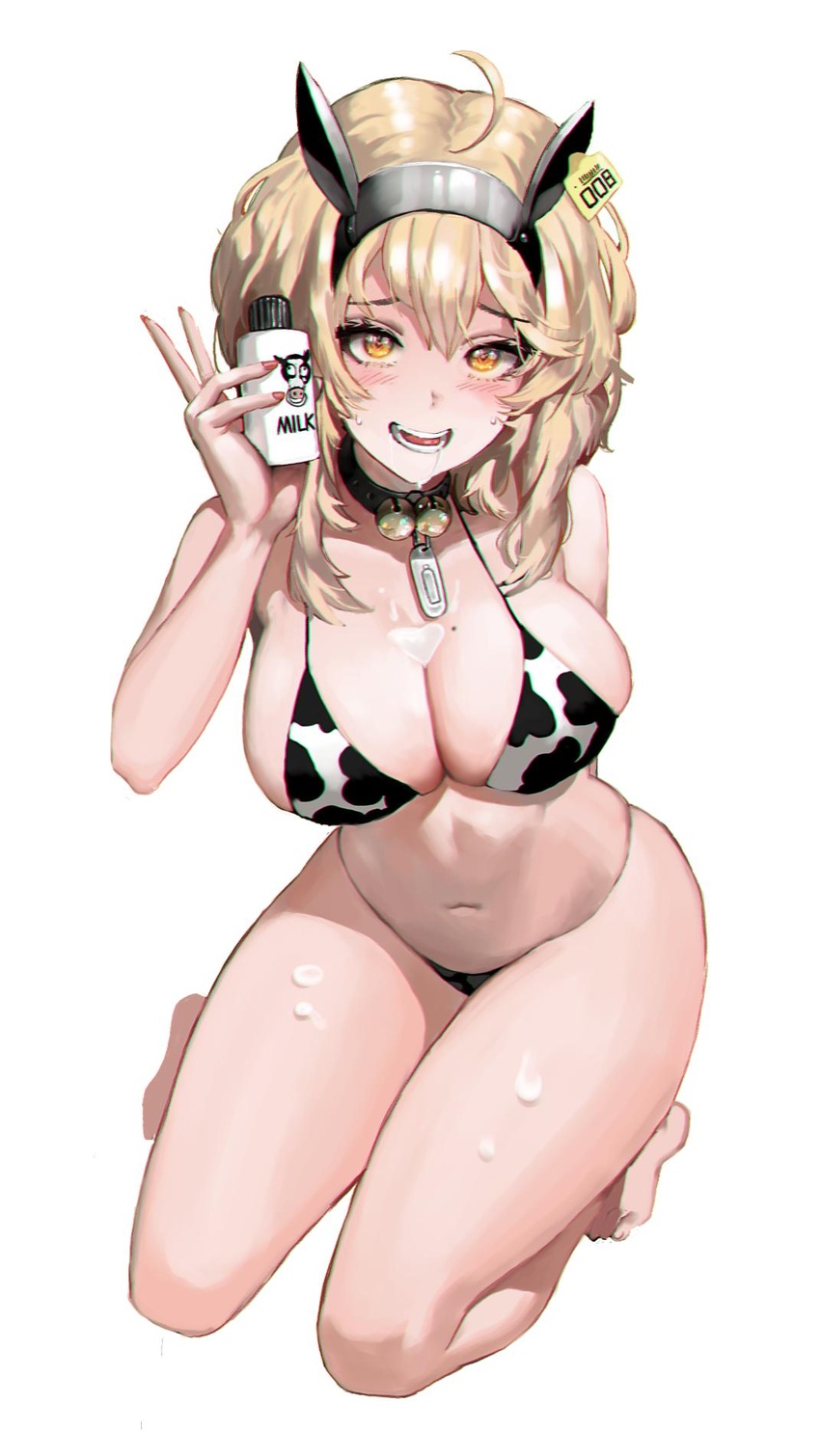 ahoge animal_print barefoot bell bikini black_bikini blonde_hair blush bottle breasts choker cleavage commentary cow_girl cow_horns cow_print cowbell english_commentary female highres horns ihobus kneeling large_breasts looking_at_viewer milk milk_bottle mole mole_on_breast nail_polish navel open_mouth original simple_background smile solo string_bikini swimsuit white_background white_bikini yellow_eyes