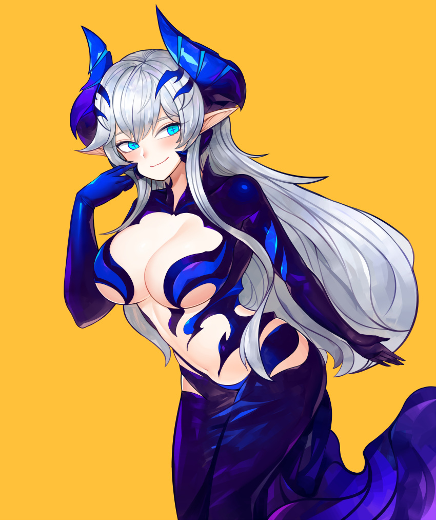 +_+ 3gs absurdres adjusting_hair blue_gloves blue_horns breasts center_opening character_name cleavage closed_mouth commentary_request demon_girl demon_horns elbow_gloves elsword female gloves grey_hair hand_up highres horns iblis_(elsword) large_breasts leaning_forward long_hair looking_at_viewer luciela_r._sourcream navel orange_background pointy_ears revealing_clothes simple_background smile solo standing very_long_hair