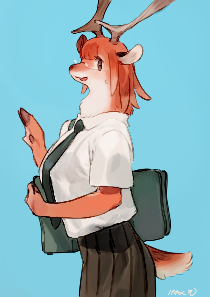 anthro bag bebebebebe bottomwear bra breasts clothed clothing deer eyewear female fully_clothed fur glasses hair hi_res horn mammal necktie orange_hair reindeer-chan_(bebebebebe) school_uniform signature simple_background skirt solo underwear uniform white_body white_fur