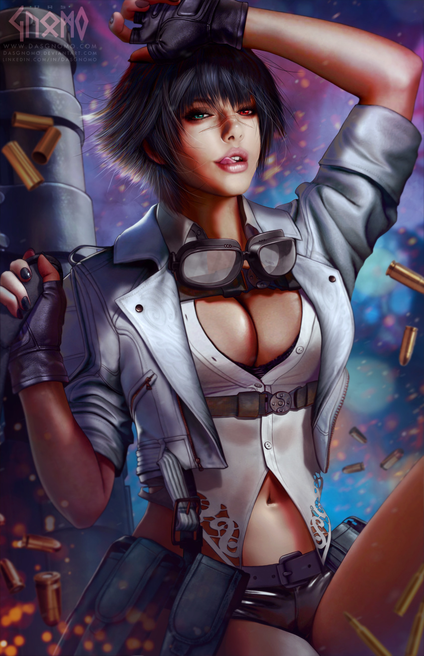 black_hair black_nails black_shorts blurry blurry_background breasts bullet cleavage commentary_request cropped_jacket devil_may_cry_(series) devil_may_cry_5 embers female fingerless_gloves gloves gnomo_del_bosque goggles goggles_around_neck hand_on_own_head heterochromia highres jacket kalina_ann_(weapon) lady_(devil_may_cry) licking_lips looking_at_viewer nail_polish navel scar short_hair short_shorts shorts solo stomach teeth tongue tongue_out white_jacket