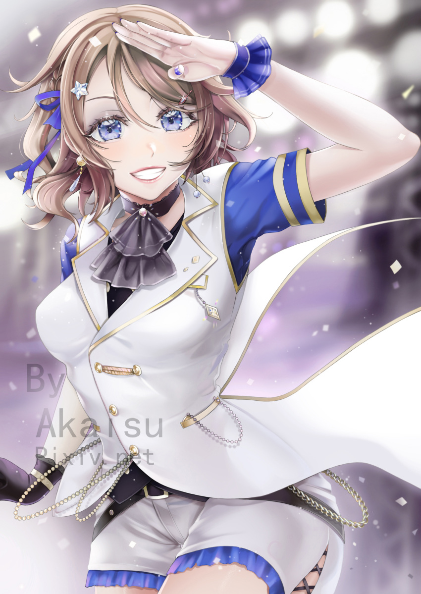 absurdres akaisu artist_name blue_eyes blue_nails blue_ribbon blue_shirt blurry blurry_background breasts brown_hair choker commentary earrings female frills grin hair_ornament hair_ribbon highres jacket jewelry looking_at_viewer love_live! love_live!_sunshine!! medium_breasts photoshop_(medium) ribbon shirt short_hair shorts smile solo star_(symbol) star_hair_ornament watanabe_you white_jacket white_shorts