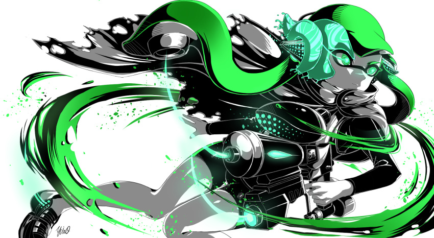 agent_3_(splatoon) artist_name bike_shorts blunt_bangs cape closed_mouth commander_tartar commentary female frown glowing glowing_eyes green_eyes green_hair green_theme headgear hero_shot_(splatoon) highres holding holding_weapon inkling inkling_girl inkling_player_character light_particles long_hair long_sleeves mind_control paint_splatter shirt shoes signature solo splatoon_(series) splatoon_1 splatoon_2 splatoon_2:_octo_expansion squidbeak_splatoon standing tentacle_hair thigh_gap torn_cape torn_clothes vest weapon yuito_(yuitokobunasbs0)