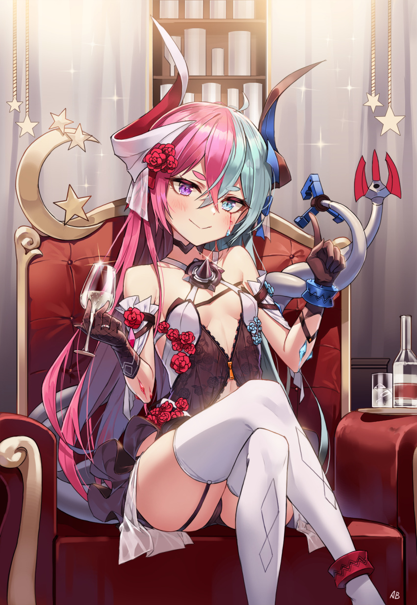 aliceblue anklet armchair blue_eyes blue_hair bottle breasts chair commentary_request cup dress drinking_glass feet_out_of_frame female flower garter_straps gloves hair_between_eyes hair_flower hair_ornament hair_ribbon head_tilt heterochromia highres holding holding_cup honkai_(series) honkai_impact_3rd horns index_finger_raised jewelry korean_commentary liliya_olenyeva long_hair looking_at_viewer md5_mismatch multicolored_hair multiple_tails pink_hair purple_eyes red_flower red_rose ribbon ring rose rozaliya_olenyeva sidelocks sitting small_breasts smile split_theme star_(symbol) tail thick_eyebrows thighhighs two-tone_hair white_legwear