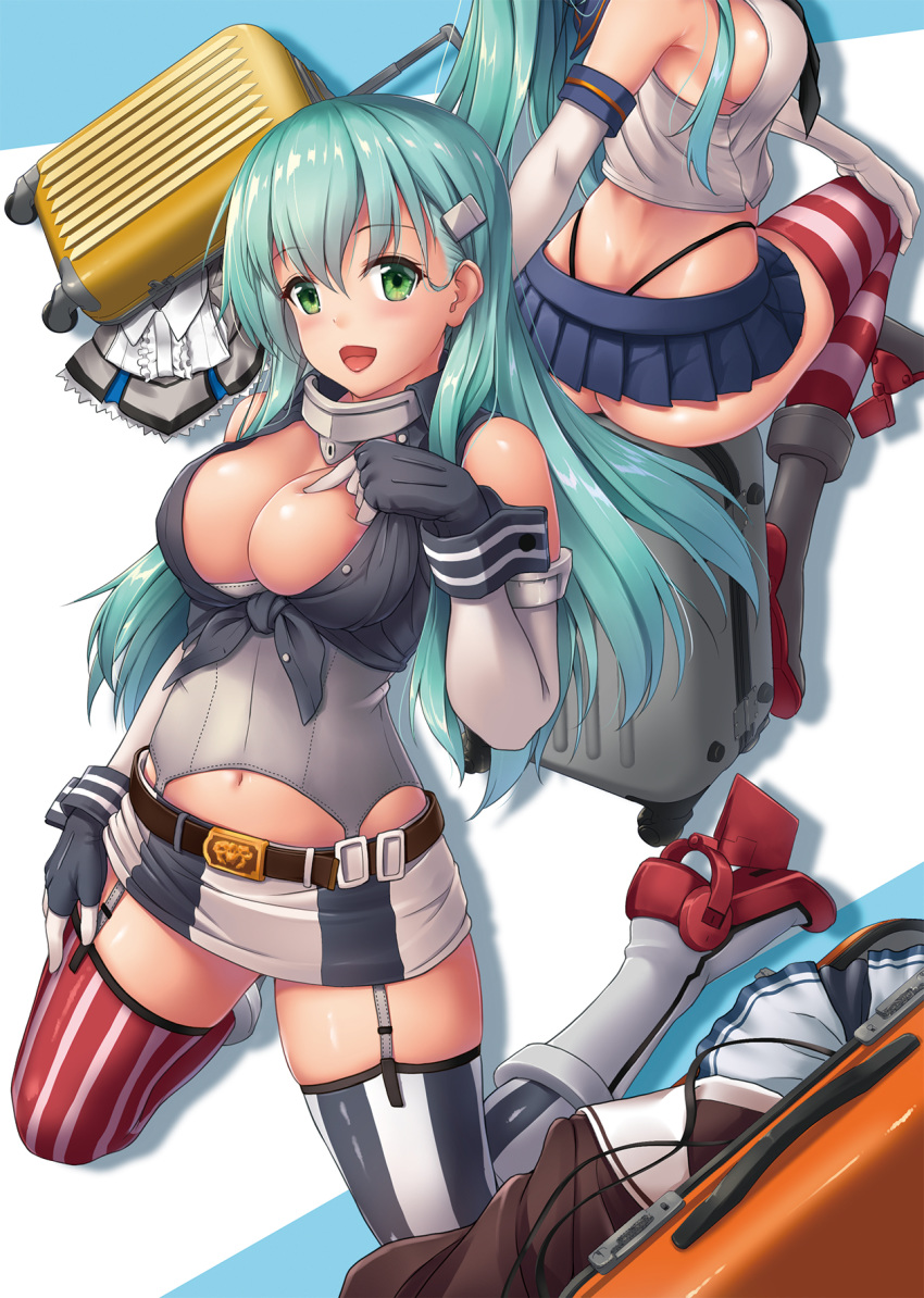 2girls alternate_costume aqua_hair areola_slip ass asymmetrical_legwear awa_yume blue_skirt blue_thighhighs breasts cleavage collar commentary_request cosplay elbow_gloves gloves green_eyes hair_ornament hairclip hand_on_own_chest hand_on_own_leg high_heels highres iowa_(kancolle) iowa_(kancolle)_(cosplay) kantai_collection kneeling large_breasts long_hair looking_at_viewer luggage metal_collar midriff mismatched_legwear multiple_girls navel pleated_skirt red_legwear rolling_suitcase rudder_footwear shimakaze_(kancolle) shimakaze_(kancolle)_(cosplay) sideboob sidelocks simple_background skirt straight_hair striped_clothes striped_thighhighs suitcase suzuya_(kancolle) thighhighs thong vertical-striped_clothes vertical-striped_thighhighs white_background