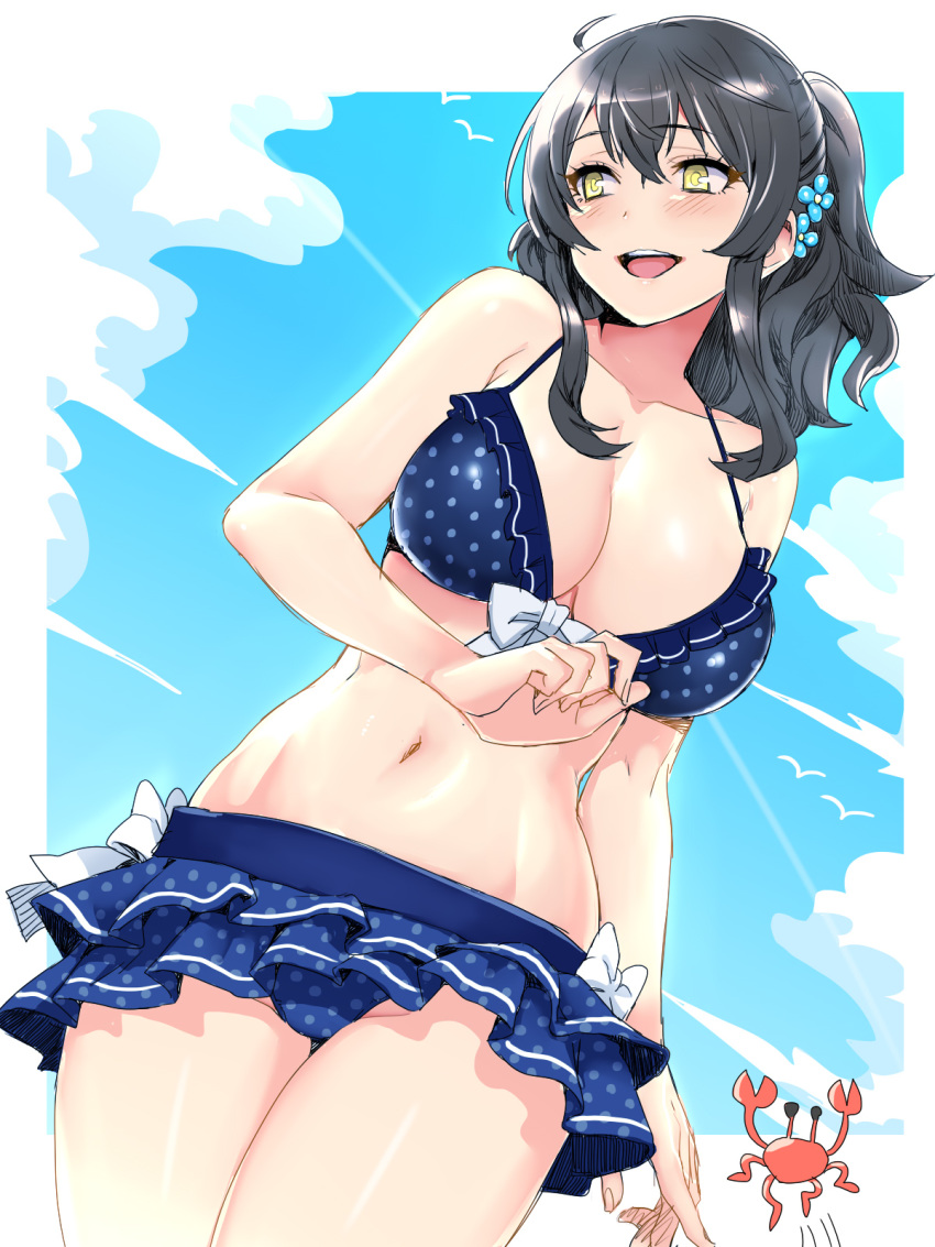 :d bikini bird blue_bikini blue_sky breasts cleavage cloud commentary_request crab female hair_ornament highres jk_bitch_sannin_musume! navel nishizawa_shizuku open_mouth original polka_dot polka_dot_bikini ponytail seagull sky smile solo swimsuit whoosaku yellow_eyes