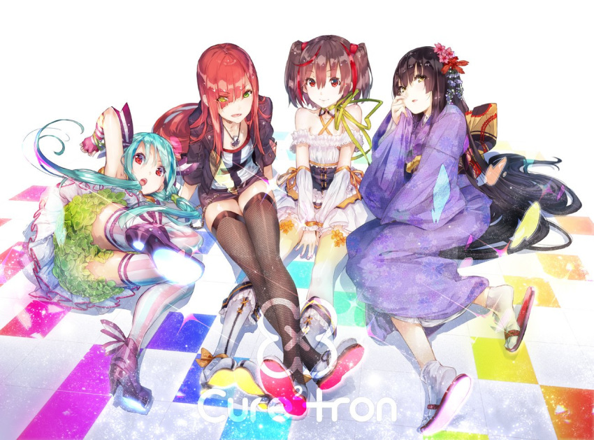 4boys aqua_hair band_yarouze! black_hair brown_hair crossdressing cure2tron dress eyes_visible_through_hair floral_print full_body geta green_eyes japanese_clothes kimono looking_at_viewer male_focus miley_(band_yarouze!) miniskirt mint_(band_yarouze!) multicolored_hair multiple_boys obi official_art otoko_no_ko red_eyes red_hair sash shelly_(band_yarouze!) skirt streaked_hair tabi twintails white_background yellow_eyes yukiho_(band_yarouze!) yuugen