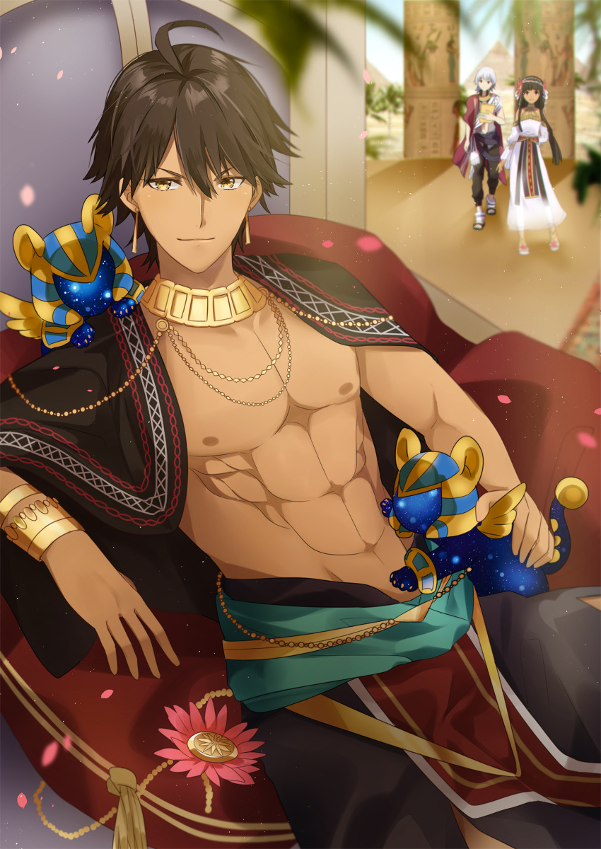 2boys absurdres ahoge animal bracelet brown_hair closed_mouth commentary_request dark-skinned_female dark-skinned_male dark_skin day earrings egyptian egyptian_clothes fate/grand_order fate/prototype fate/prototype:_fragments_of_blue_and_silver fate_(series) female gold grey_hair highres jewelry k-rumi long_hair looking_at_viewer moses_(fate) multiple_boys necklace nefertari_(fate) open_mouth ozymandias_(fate) petals pink_eyes purple_eyes sitting sphinx walking yellow_eyes