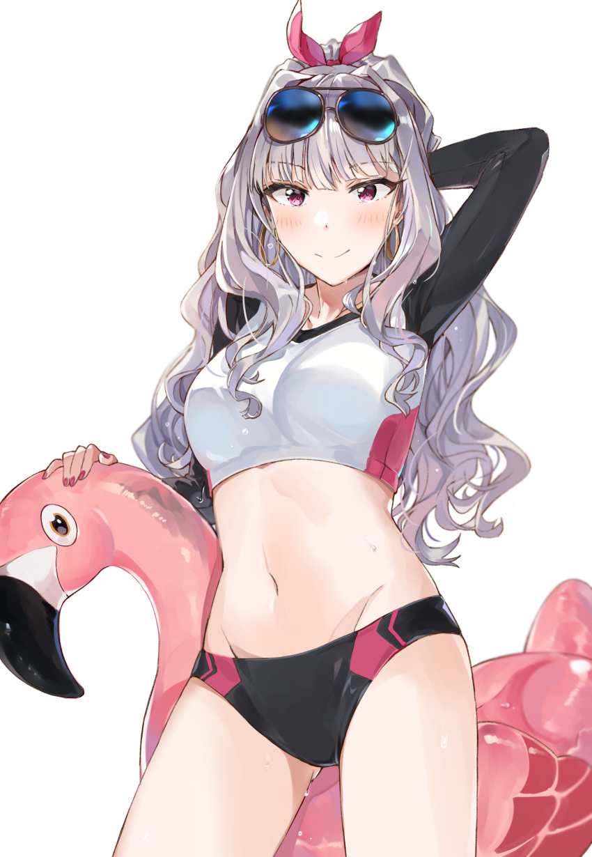 arm_behind_head blush breasts commentary_request eyewear_on_head female groin highres idolmaster idolmaster_(classic) inflatable_toy long_hair looking_at_viewer navel purple_eyes shijou_takane simple_background smile solo sunglasses tuxedo_de_cat