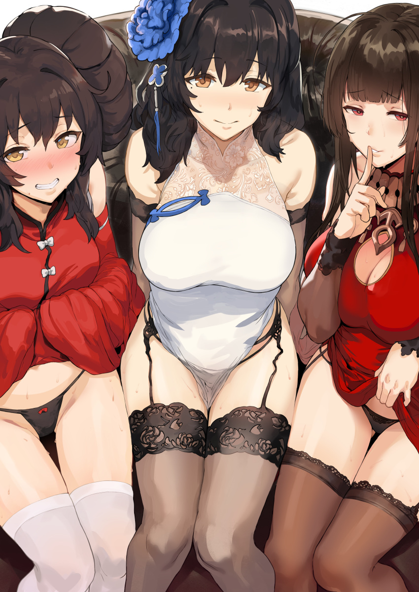 3girls absurdres ahoge alternate_costume ass_visible_through_thighs black_hair black_panties black_thighhighs blunt_bangs blush bow bow_panties breasts brown_eyes brown_hair brown_legwear china_dress chinese_clothes cleavage cleavage_cutout closed_mouth clothes_lift clothing_cutout crossed_bangs detached_sleeves double_bun dress dress_lift dsr-50_(girls'_frontline) dsr-50_(red_peony)_(girls'_frontline) elbow_gloves embarrassed finger_to_mouth flower furrowed_brow garter_belt girls'_frontline gloves grin hair_between_eyes hair_bun hair_flower hair_ornament hairband half-closed_eyes hews high_collar highleg highleg_panties highres lace lace-trimmed_panties lace_trim large_breasts lifting_own_clothes lips long_dress long_hair looking_at_viewer mole mole_under_eye multiple_girls official_alternate_costume paid_reward panties parted_lips patreon_reward pelvic_curtain red_dress red_eyes shushing side-tie_panties side_slit sidelocks sitting skindentation sleeveless sleeveless_dress sleeves_past_fingers sleeves_past_wrists smile string_panties sweat thighhighs thighs thong type_95_(girls'_frontline) type_95_(narcissus)_(girls'_frontline) type_97_(girls'_frontline) type_97_(peony)_(girls'_frontline) underwear very_long_hair white_dress white_hairband white_thighhighs wide_sleeves yellow_eyes