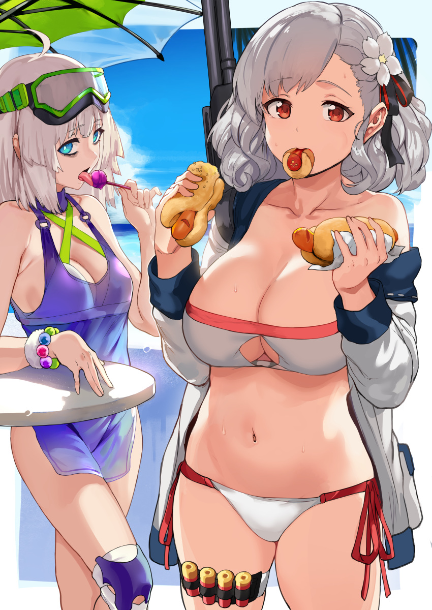 2girls aa-12_(girls'_frontline) aa-12_(the_sun_never_rises)_(girls'_frontline) absurdres ahoge aqua_eyes bags_under_eyes beach_umbrella bikini bracelet breasts candy cleavage collarbone criss-cross_halter curly_hair curvy eating feet_out_of_frame flower food food_in_mouth girls'_frontline goggles goggles_on_head grey_hair gun hair_flower hair_ornament halterneck hews highres hot_dog jewelry knee_pads large_breasts licking lollipop looking_at_viewer medium_breasts medium_hair multiple_girls navel official_alternate_costume paid_reward patreon_reward platinum_blonde_hair pump_action red_eyes shotgun shotgun_shell side-tie_bikini_bottom spas-12 spas-12_(girls'_frontline) spas-12_(midsummer_fruit)_(girls'_frontline) standing stomach swimsuit table thighs tongue tongue_out umbrella weapon wet