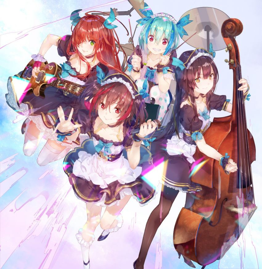 4boys absurdres alternate_costume apron aqua_hair band band_yarouze! black_hair black_legwear brown_hair cello commentary_request crossdressing cure2tron dress drum drum_set electric_guitar enmaided green_eyes grin guitar highres instrument long_hair looking_at_viewer maid maid_apron maid_headdress male_focus microphone miley_(band_yarouze!) mint_(band_yarouze!) multicolored_hair multiple_boys official_art otoko_no_ko pantyhose red_hair shelly_(band_yarouze!) smile streaked_hair twintails waist_apron white_apron yukiho_(band_yarouze!) yuugen