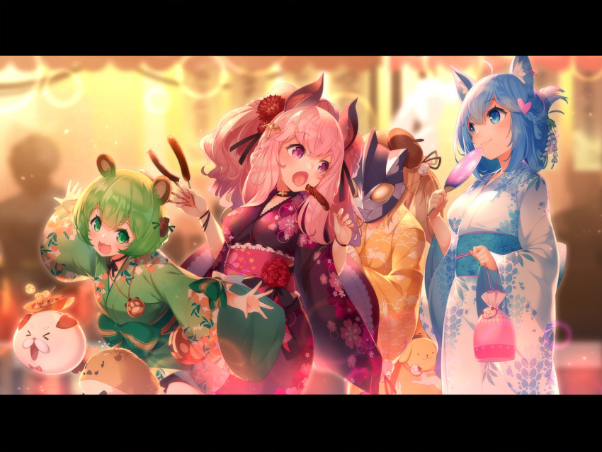 4girls ahoge animal animal_ear_fluff animal_ears animare bat_ears bear_ears beret blue_eyes blue_hair blurry blurry_background brown_eyes brown_hair choker commentary dog_ears earrings fangs festival flower food green_eyes green_hair hair_flower hair_ornament hair_up hand_fan hat highres hinokuma_ran inaba_haneru_(animare) japanese_clothes jewelry kimono kinchaku kokka_han letterboxed long_hair looking_at_another looking_at_viewer mask multiple_girls nanashi_inc. obi open_mouth paper_fan pink_hair pouch purple_eyes sash short_hair smile souya_ichika uchiwa umori_hinako virtual_youtuber wide_sleeves